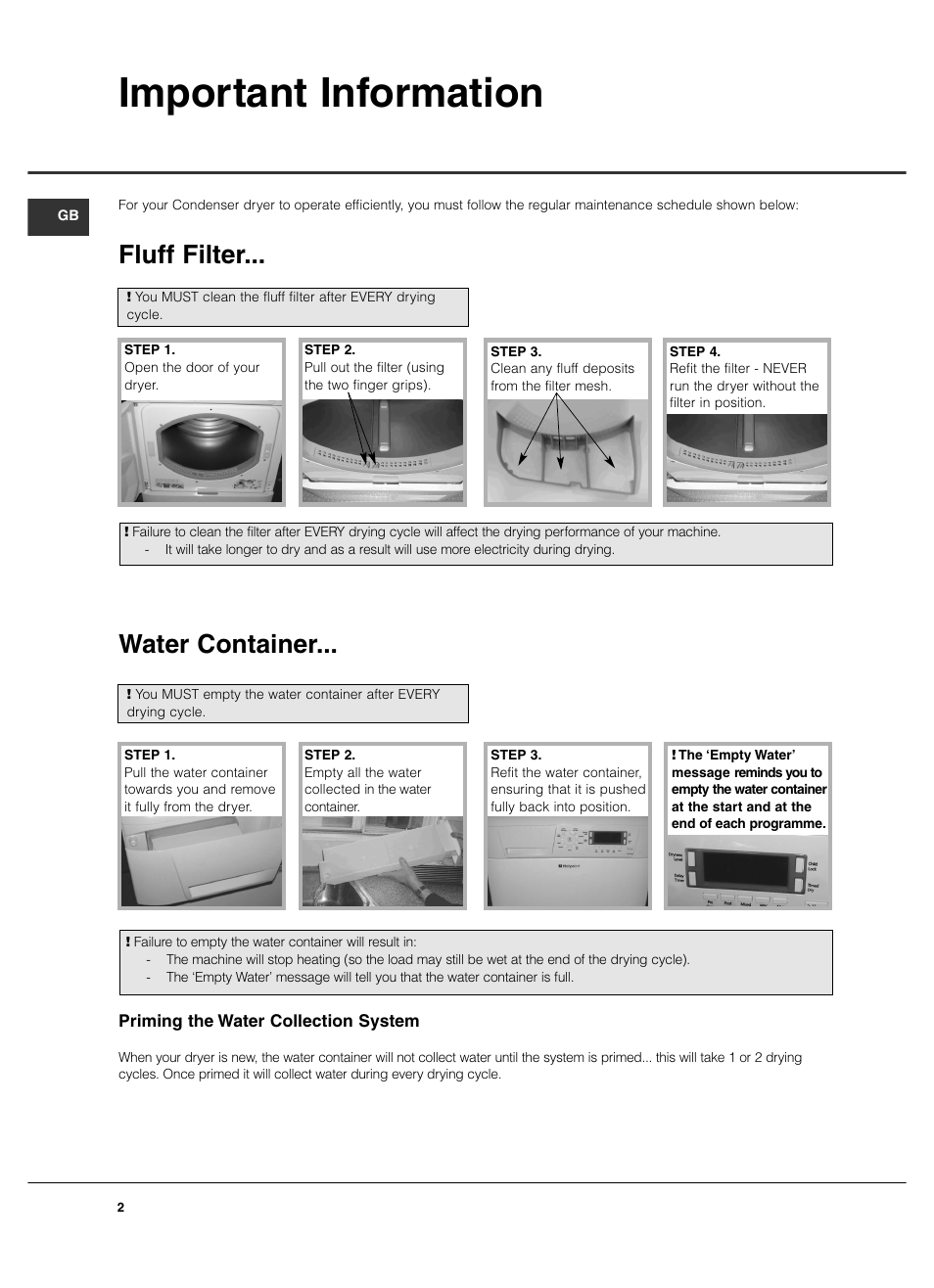 Important information, Fluff filter, Water container | Hotpoint TCD970 User Manual | Page 2 / 20