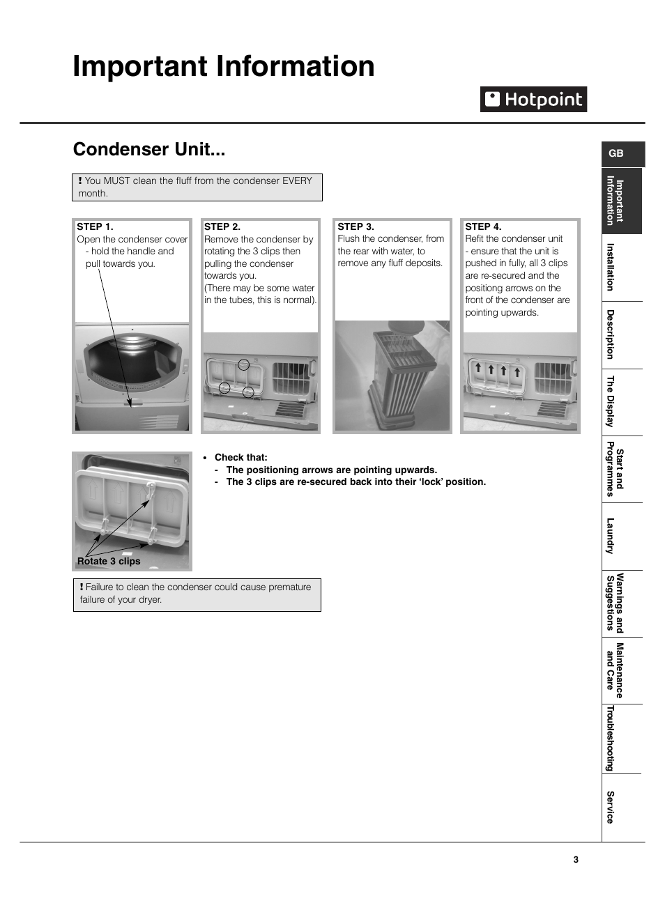 Important information, Condenser unit | Hotpoint TCD970 User Manual | Page 3 / 20