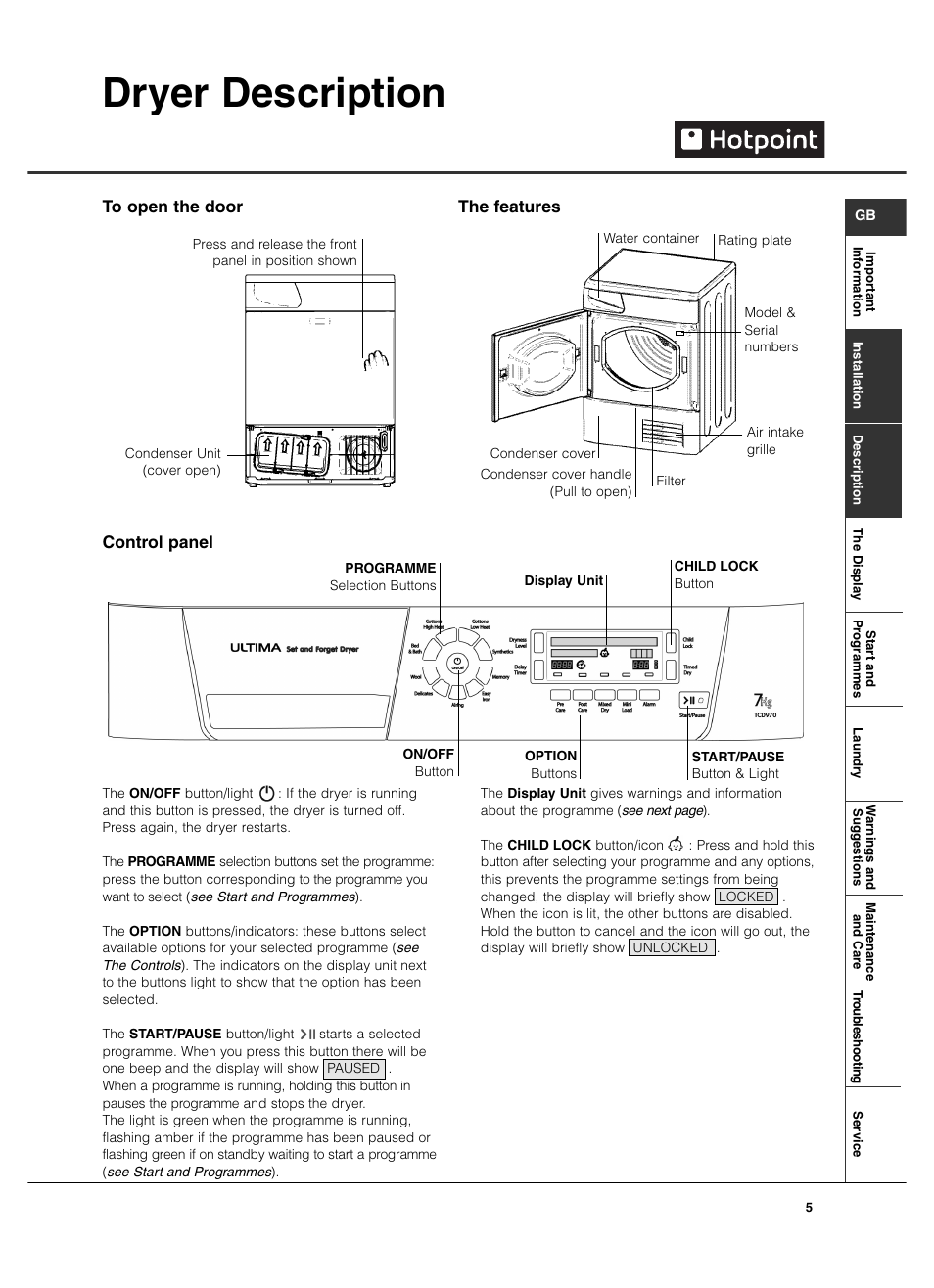 Dryer description, Control panel | Hotpoint TCD970 User Manual | Page 5 / 20