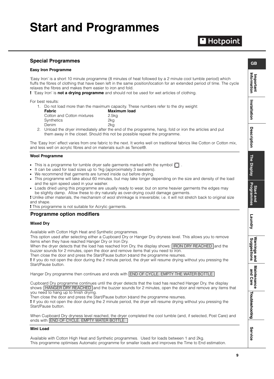 Start and programmes, Special programmes, Programme option modifiers | Hotpoint TCD970 User Manual | Page 9 / 20