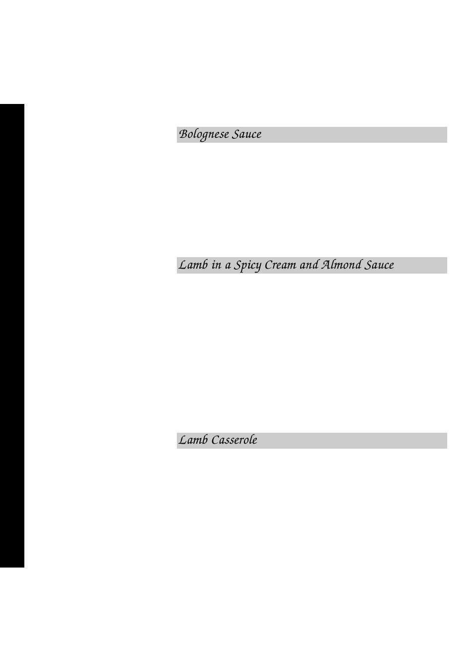 Bolognese sauce, Lamb casserole, Lamb in a spicy cream and almond sauce | Hotpoint 6665 User Manual | Page 46 / 69