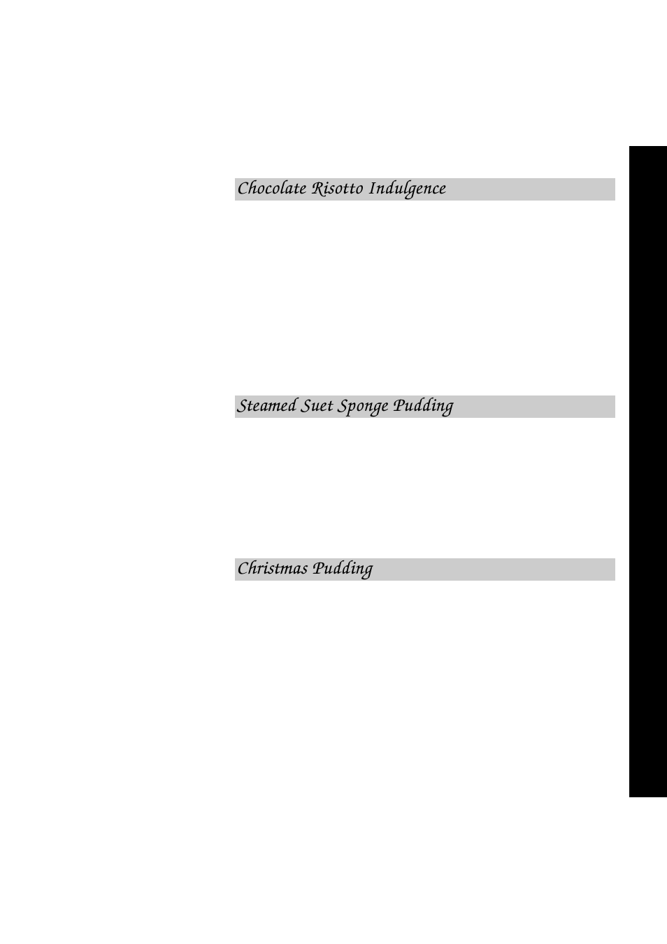 Chocolate risotto indulgence, Steamed suet sponge pudding, Christmas pudding | Hotpoint 6665 User Manual | Page 59 / 69