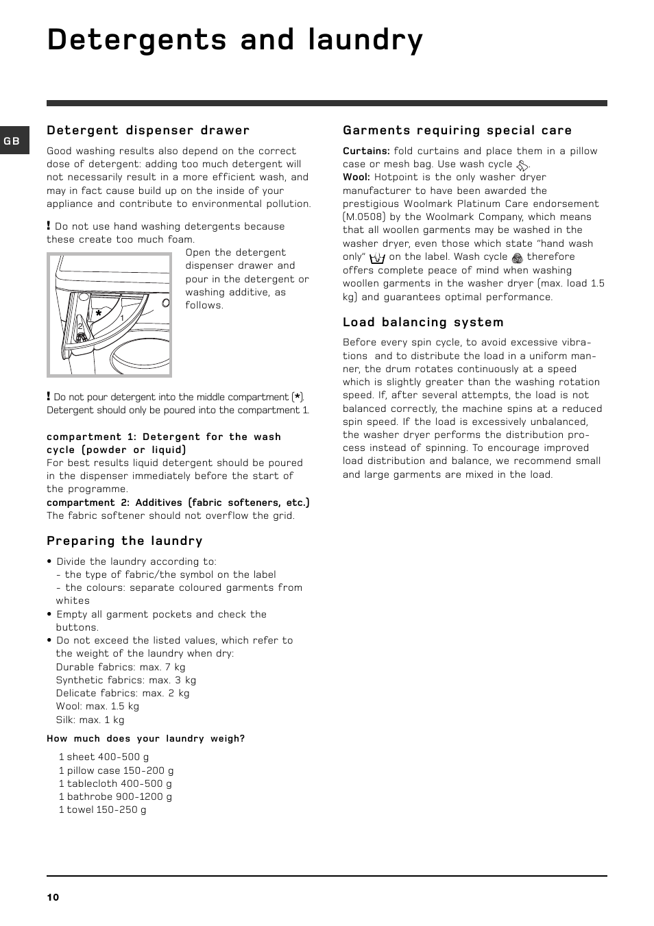 Detergents and laundry | Hotpoint WDD740 User Manual | Page 10 / 16