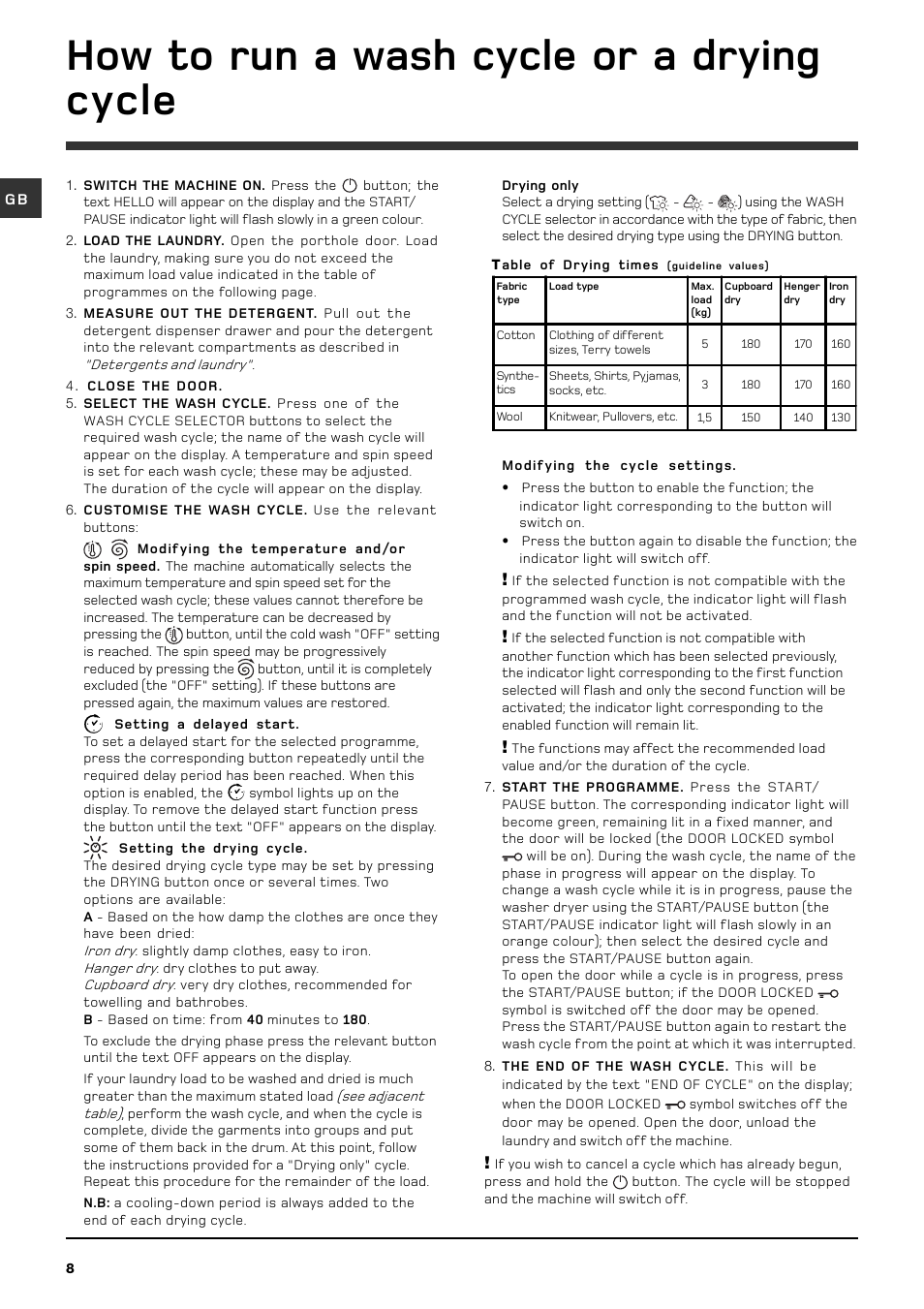 How to run a wash cycle or a drying cycle | Hotpoint WDD740 User Manual | Page 8 / 16