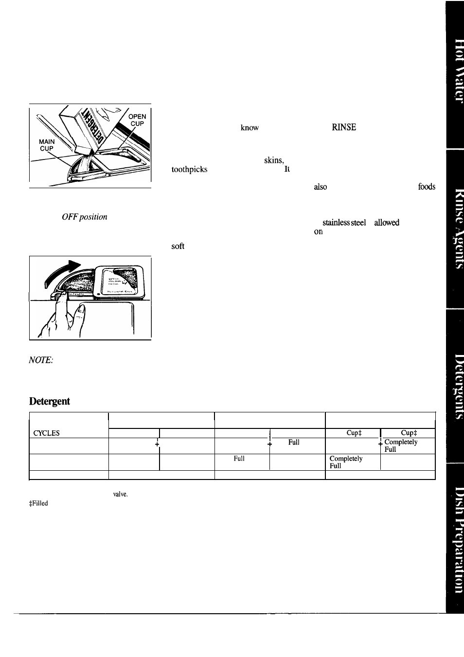 Dispenser cups, Soil level, How to prepare the dishes for washing | Usage guide (powder or liquid) | Hotpoint HDA497K User Manual | Page 7 / 16