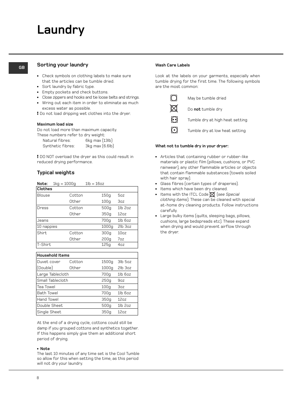 Laundry, Sorting your laundry, Typical weights | Hotpoint VTD65 User Manual | Page 10 / 16