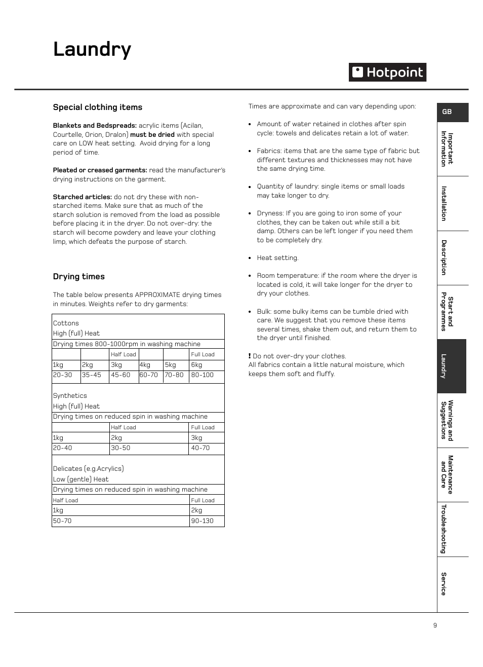 Laundry, Special clothing items, Drying times | Hotpoint VTD65 User Manual | Page 11 / 16
