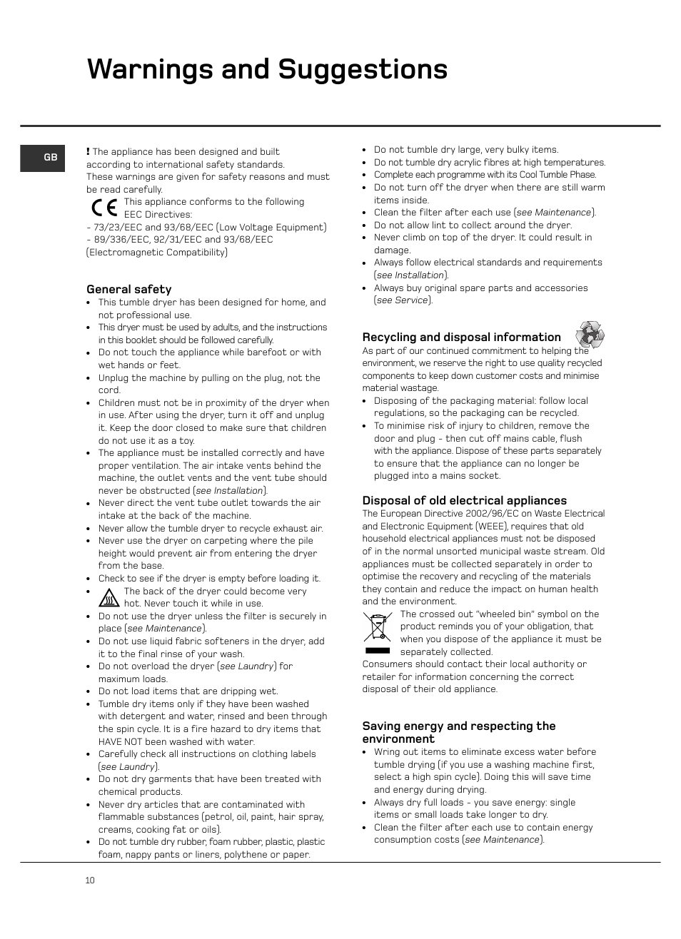 Warnings and suggestions, General safety, Recycling and disposal information | Disposal of old electrical appliances, Saving energy and respecting the environment | Hotpoint VTD65 User Manual | Page 12 / 16