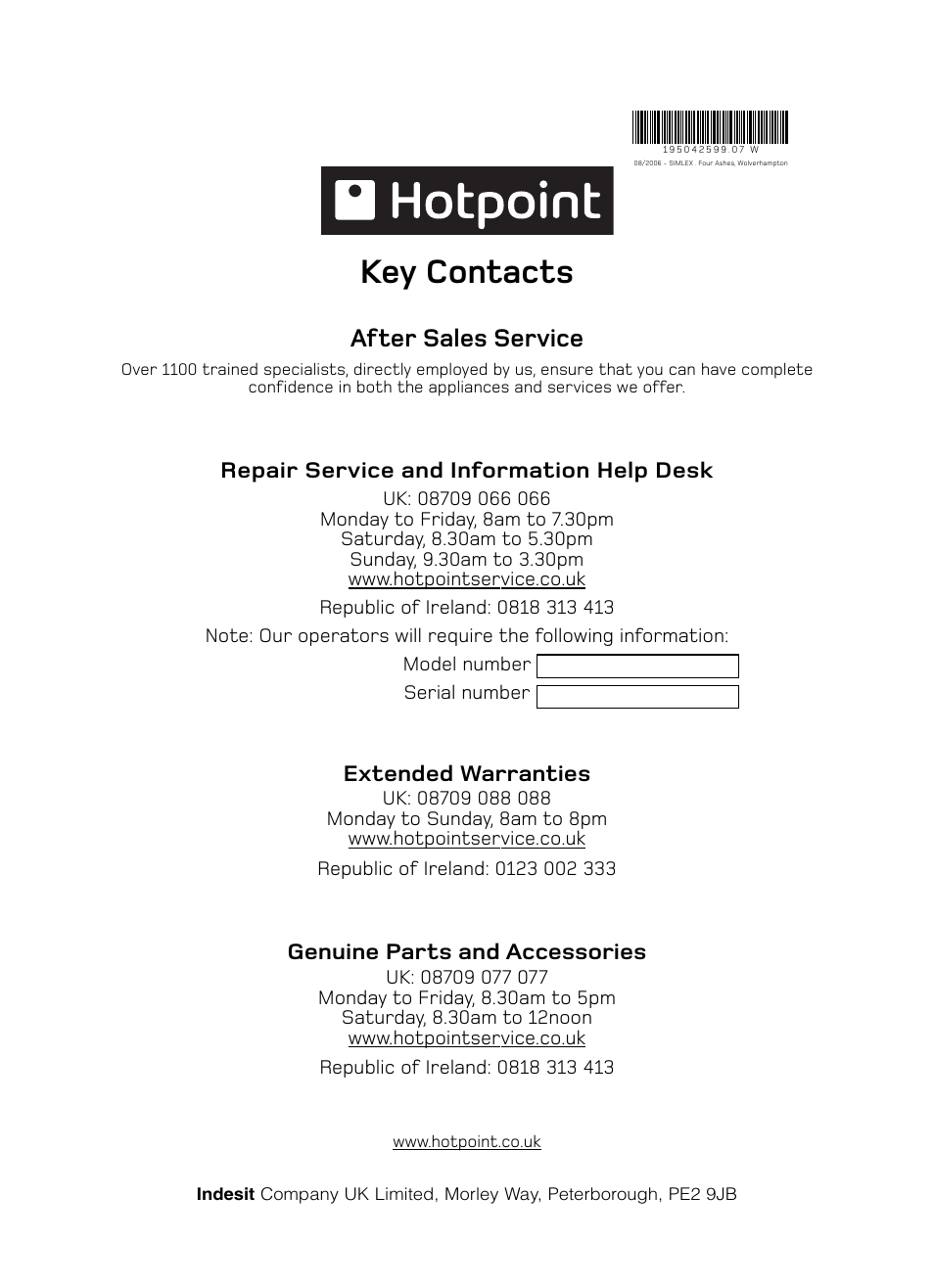 Key contacts, After sales service | Hotpoint VTD65 User Manual | Page 16 / 16