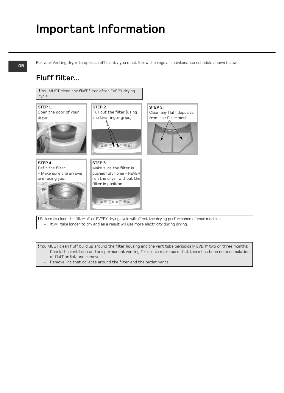 Important information, Fluff filter | Hotpoint VTD65 User Manual | Page 2 / 16