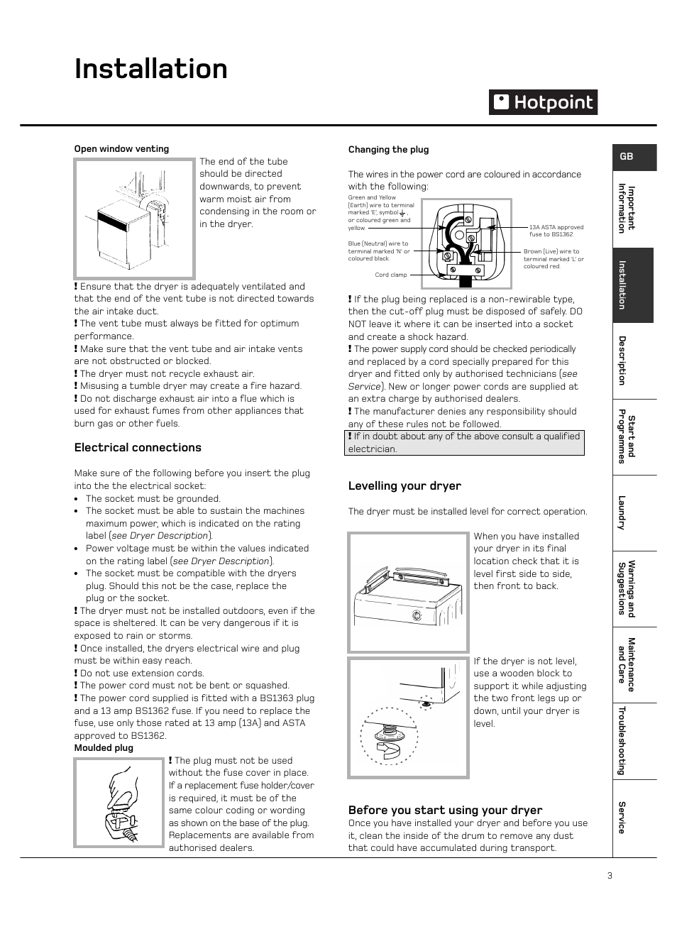 Installation, Electrical connections, Levelling your dryer | Before you start using your dryer | Hotpoint VTD65 User Manual | Page 5 / 16