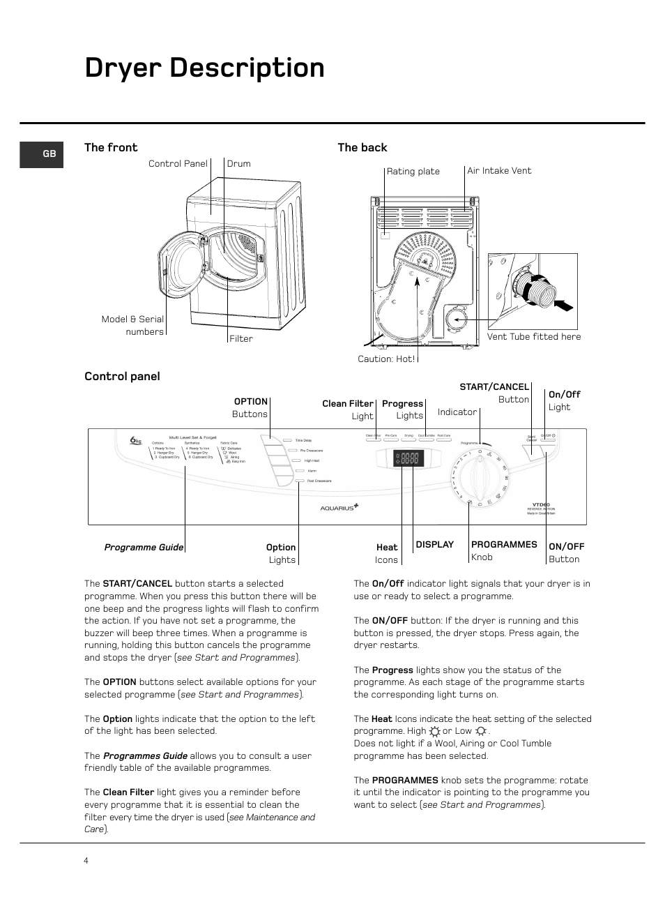 Dryer description | Hotpoint VTD65 User Manual | Page 6 / 16