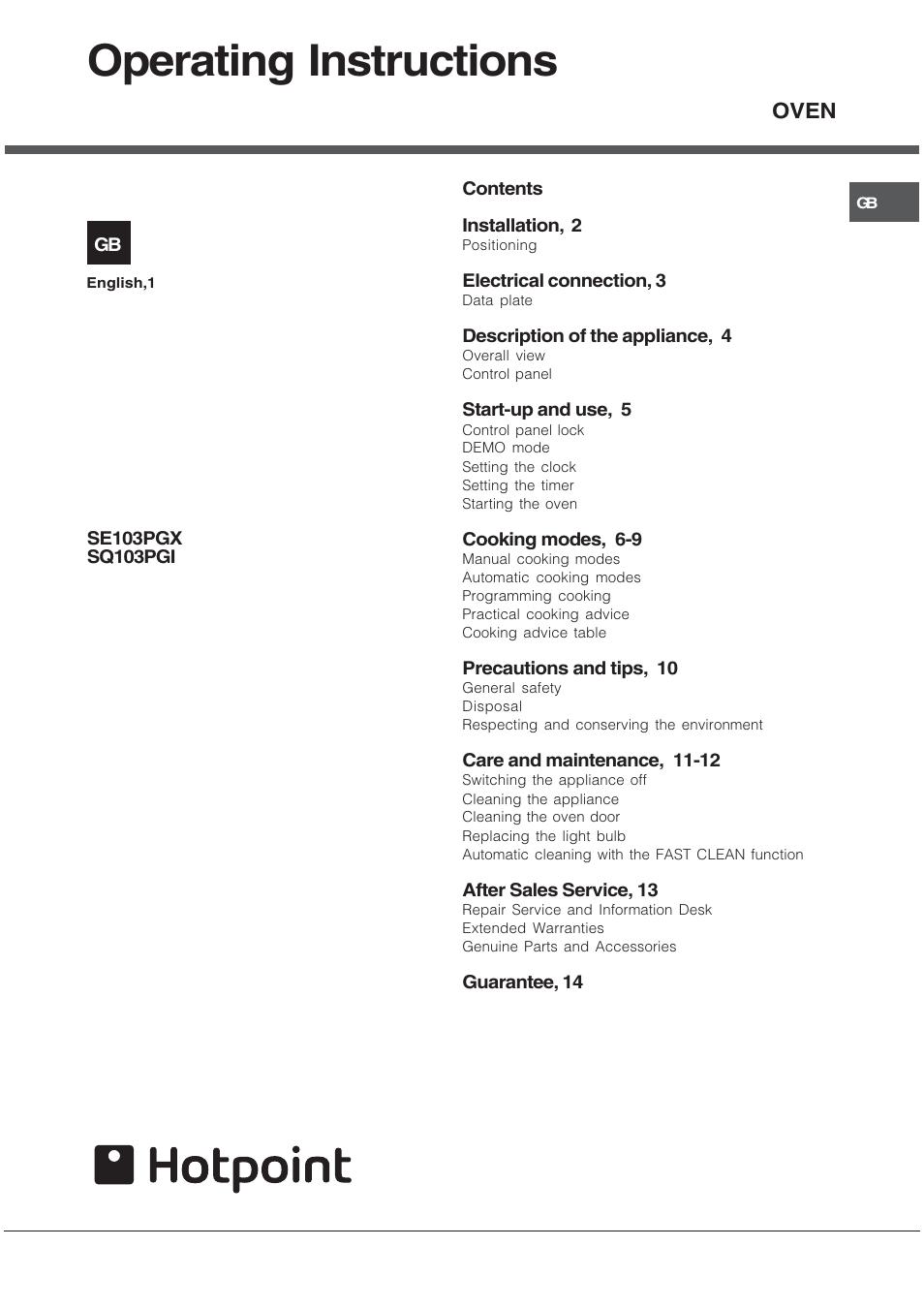 Hotpoint SQ103PGI User Manual | 16 pages