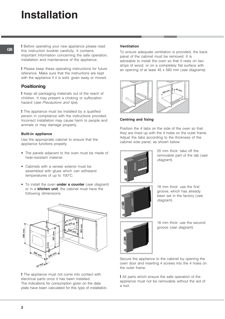 Installation, Positioning | Hotpoint SQ103PGI User Manual | Page 2 / 16