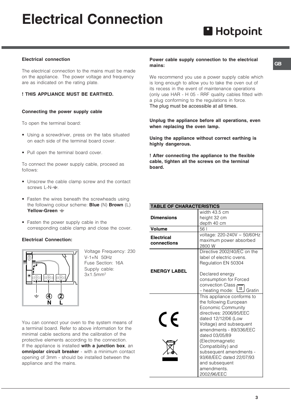 Electrical connection | Hotpoint SQ103PGI User Manual | Page 3 / 16