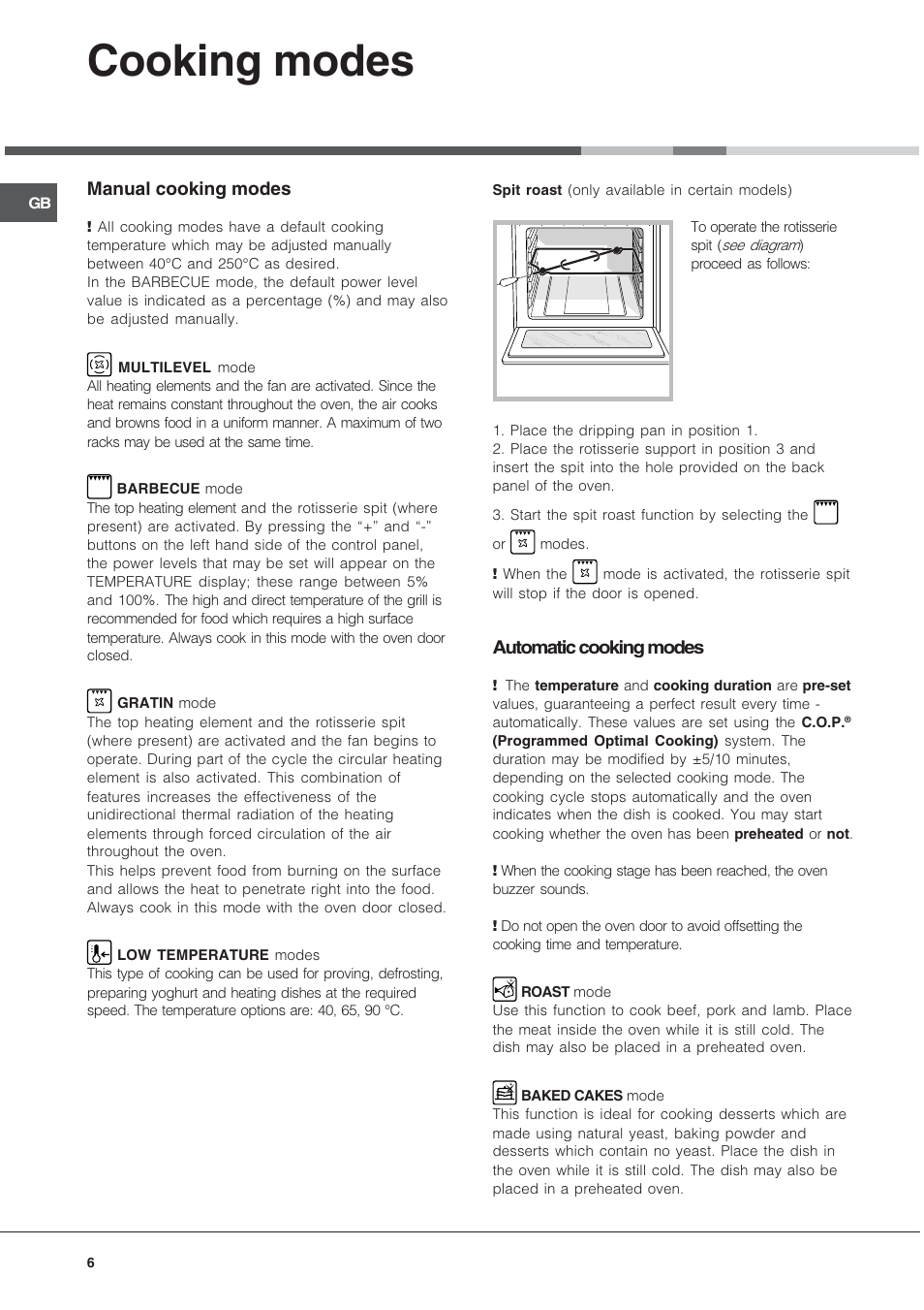 Cooking modes, Manual cooking modes, Automatic cooking modes | Hotpoint SQ103PGI User Manual | Page 6 / 16