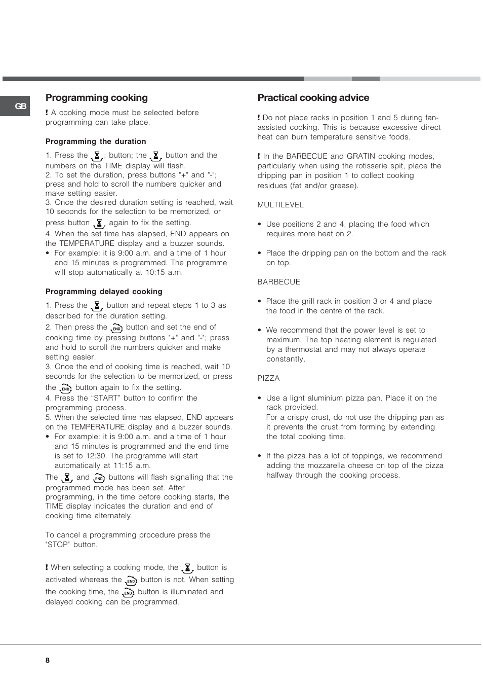 Programming cooking, Practical cooking advice | Hotpoint SQ103PGI User Manual | Page 8 / 16