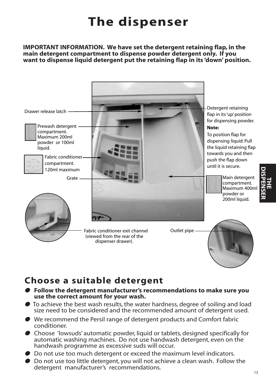 The dispenser, Choose a suitable detergent | Hotpoint Aquarius Range WMA48 User Manual | Page 13 / 24