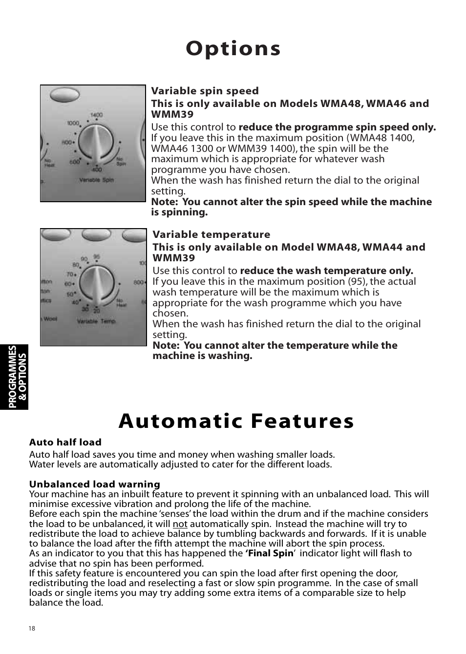 Options, Automatic features | Hotpoint Aquarius Range WMA48 User Manual | Page 18 / 24