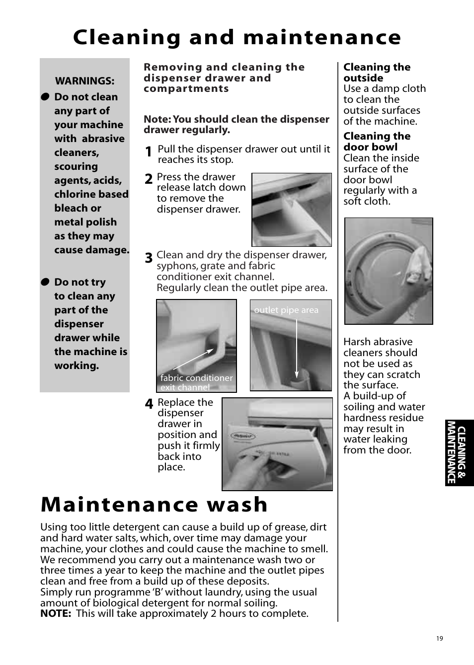 Cleaning and maintenance, Maintenance wash | Hotpoint Aquarius Range WMA48 User Manual | Page 19 / 24