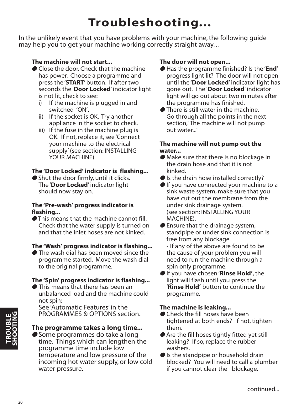 Troubleshooting | Hotpoint Aquarius Range WMA48 User Manual | Page 20 / 24