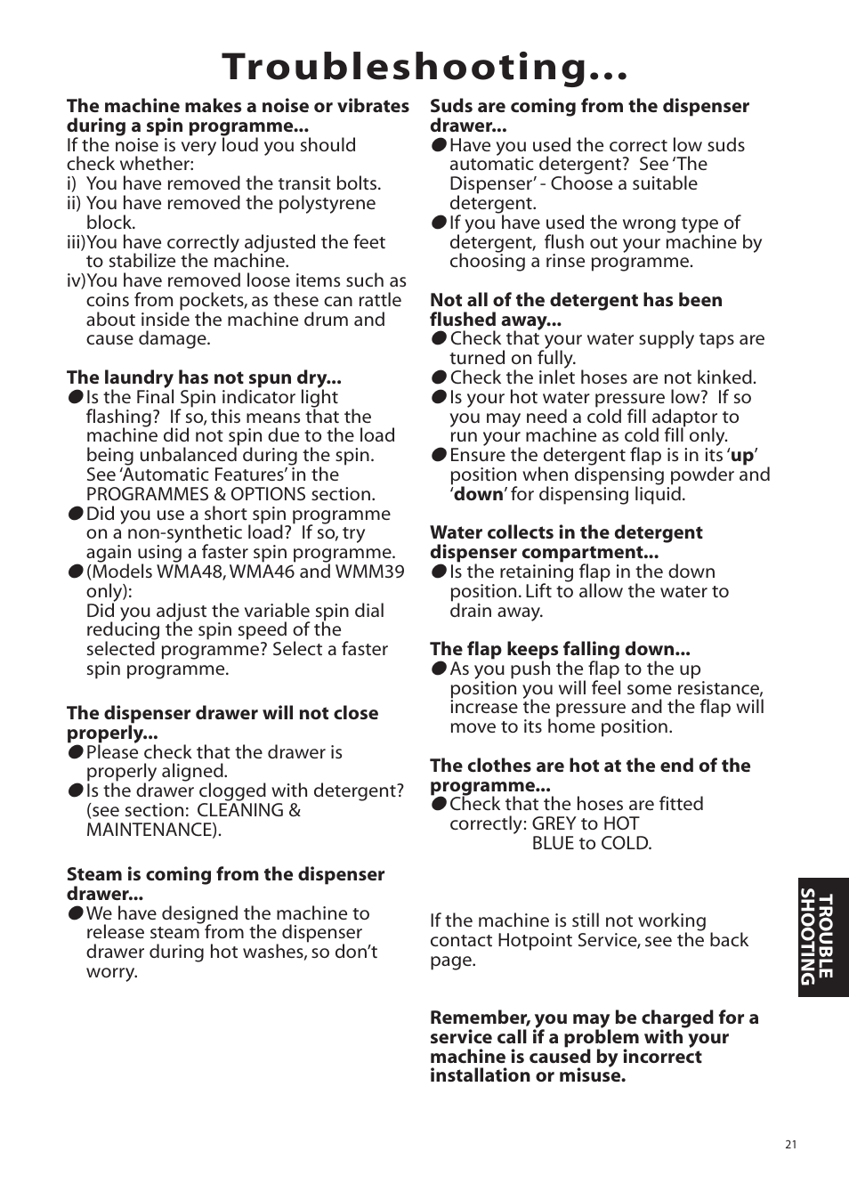 Troubleshooting | Hotpoint Aquarius Range WMA48 User Manual | Page 21 / 24