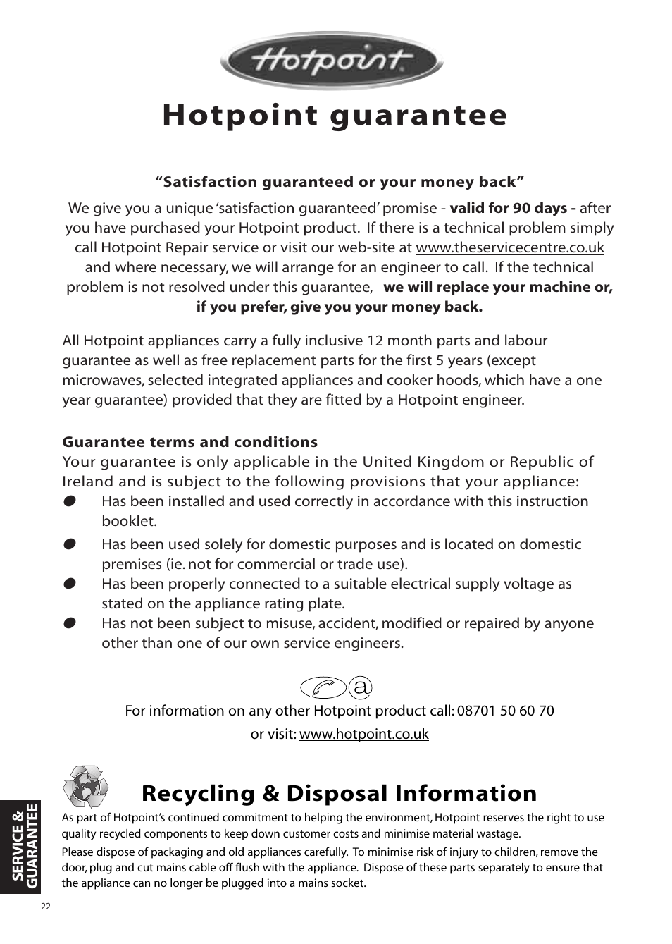 Hotpoint guarantee, Recycling & disposal information | Hotpoint Aquarius Range WMA48 User Manual | Page 22 / 24