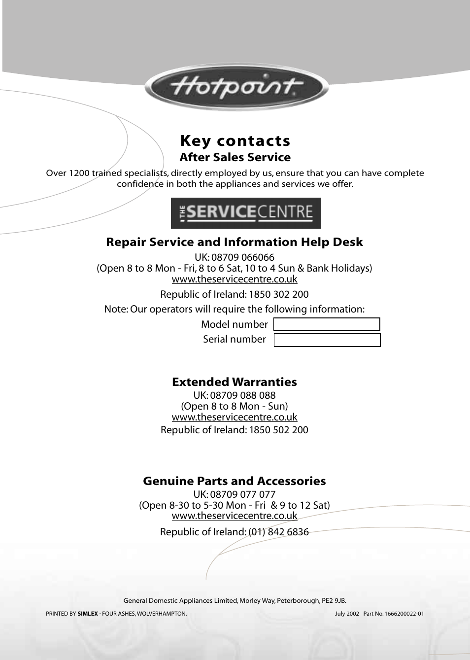 Key contacts | Hotpoint Aquarius Range WMA48 User Manual | Page 24 / 24
