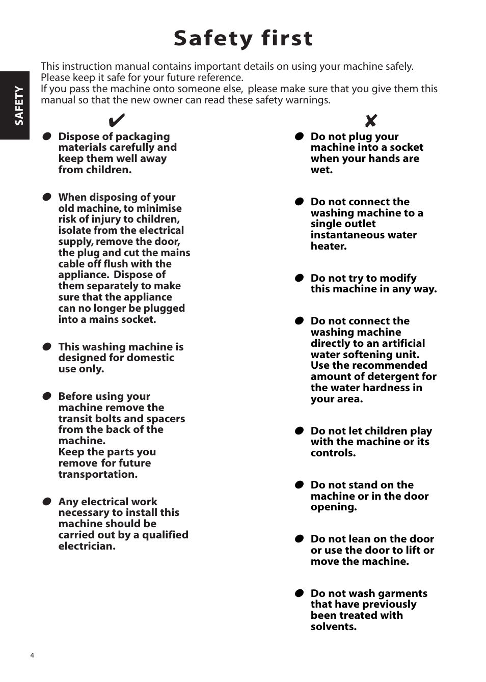 Safety first | Hotpoint Aquarius Range WMA48 User Manual | Page 4 / 24