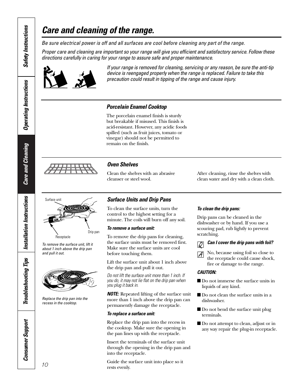 Cooktop, Shelves, Surface units and drip pans | Cooktop , 11, Shelves surface units and drip pans, Care and cleaning of the range | Hotpoint RA724 User Manual | Page 10 / 24