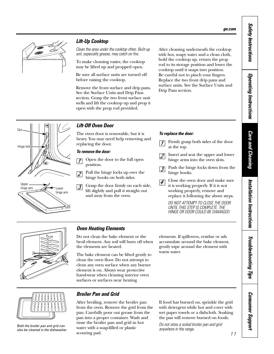 Broiler pan and grid, Oven door, Oven heating elements | Oven door oven heating elements | Hotpoint RA724 User Manual | Page 11 / 24