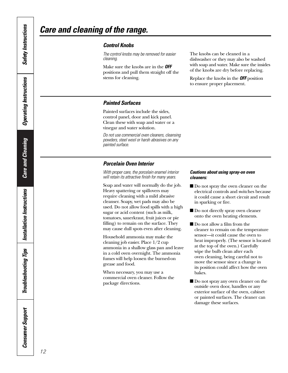 Knobs, Oven interior, Painted surfaces | Oven interior painted surfaces, Care and cleaning of the range | Hotpoint RA724 User Manual | Page 12 / 24