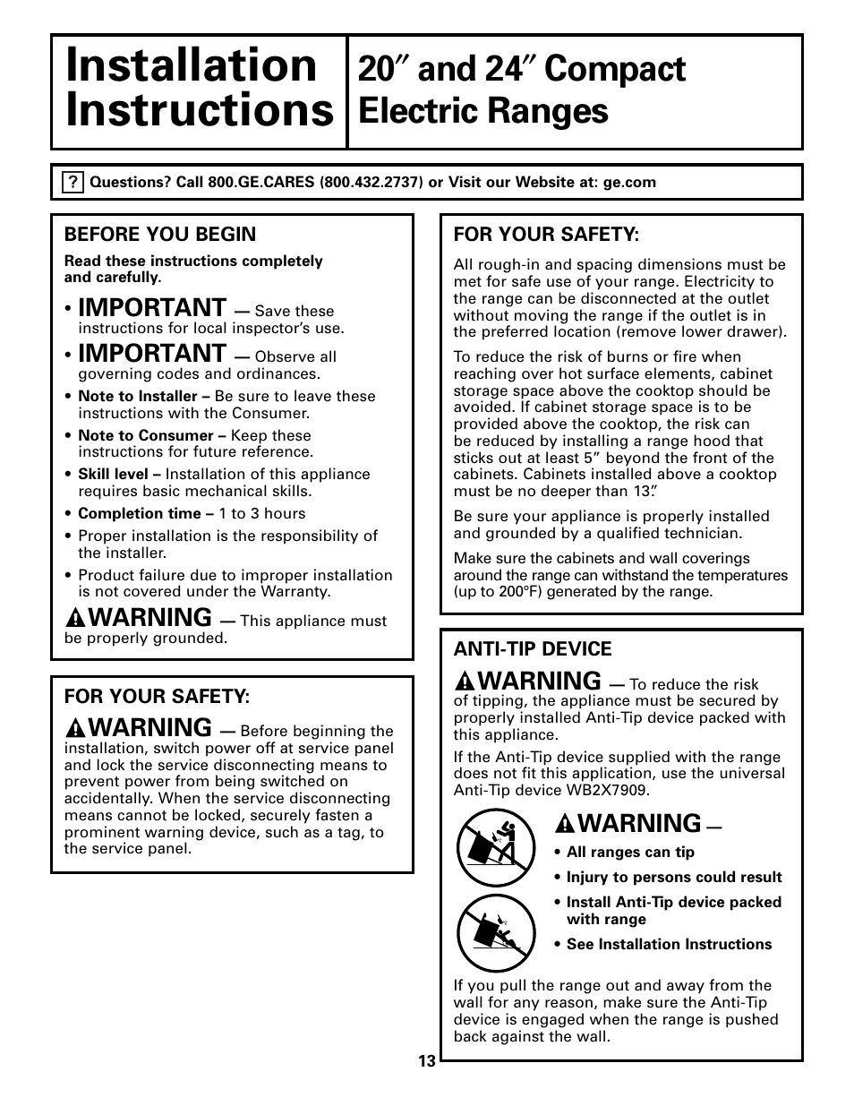 Anti-tip device, Anti-tip device , 19, Installation | Instructions, 20 ″ and 24 ″ compact, Electric ranges, Important, Warning | Hotpoint RA724 User Manual | Page 13 / 24