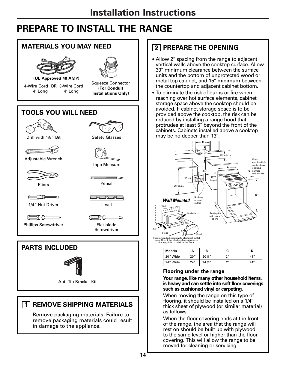 Dimensions and clearances, Flooring, Preparation | Tools you will need, Preparation tools you will need, Tools you will need materials you may need, Parts included, Remove shipping materials, 1prepare the opening, Wall mounted | Hotpoint RA724 User Manual | Page 14 / 24