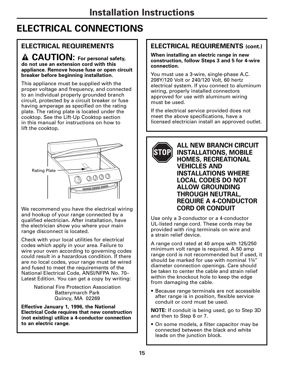 Electrical connections, Electrical connections –18, Installation instructions electrical connections | Caution | Hotpoint RA724 User Manual | Page 15 / 24