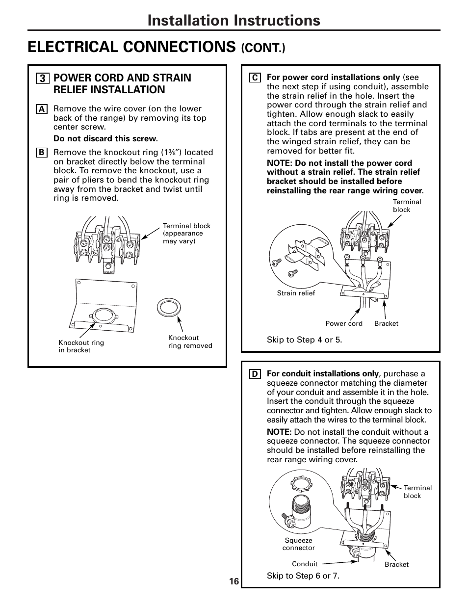 Installation instructions electrical connections, Cont.), Power cord and strain relief installation | Hotpoint RA724 User Manual | Page 16 / 24