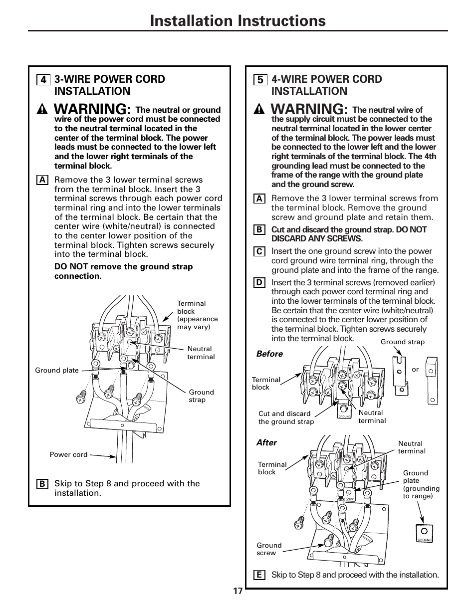 Installation instructions, Warning, Wire power cord installation | Hotpoint RA724 User Manual | Page 17 / 24