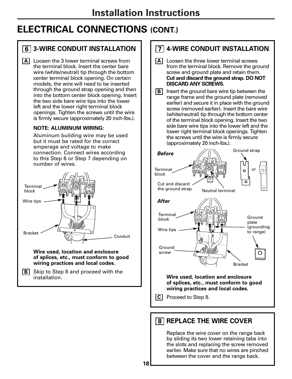 Installation instructions electrical connections, Cont.), Wire conduit installation | Replace the wire cover | Hotpoint RA724 User Manual | Page 18 / 24