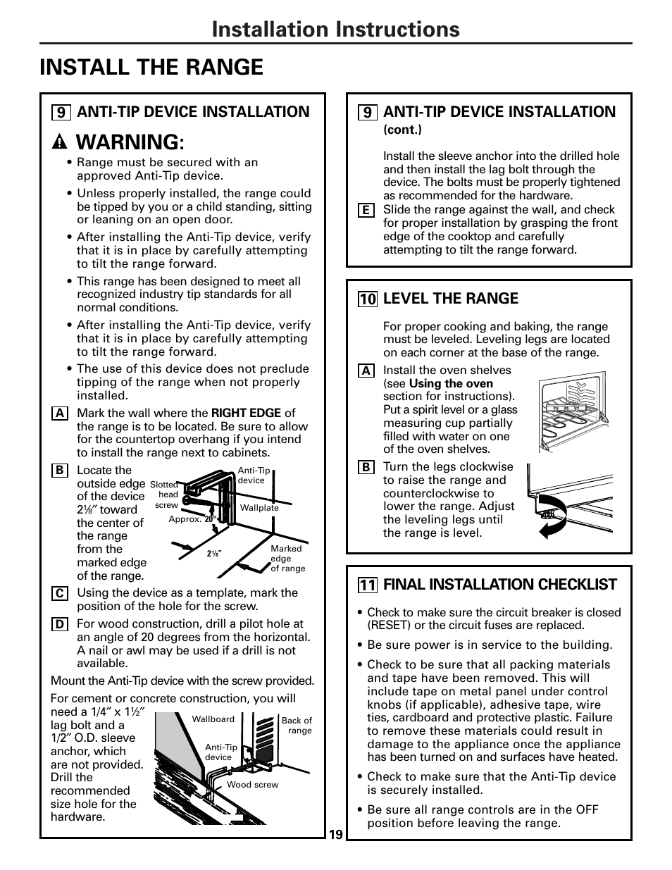 Leveling, Installation instructions install the range, Warning | Anti-tip device installation, 9level the range, 10 anti-tip device installation, Final installation checklist | Hotpoint RA724 User Manual | Page 19 / 24