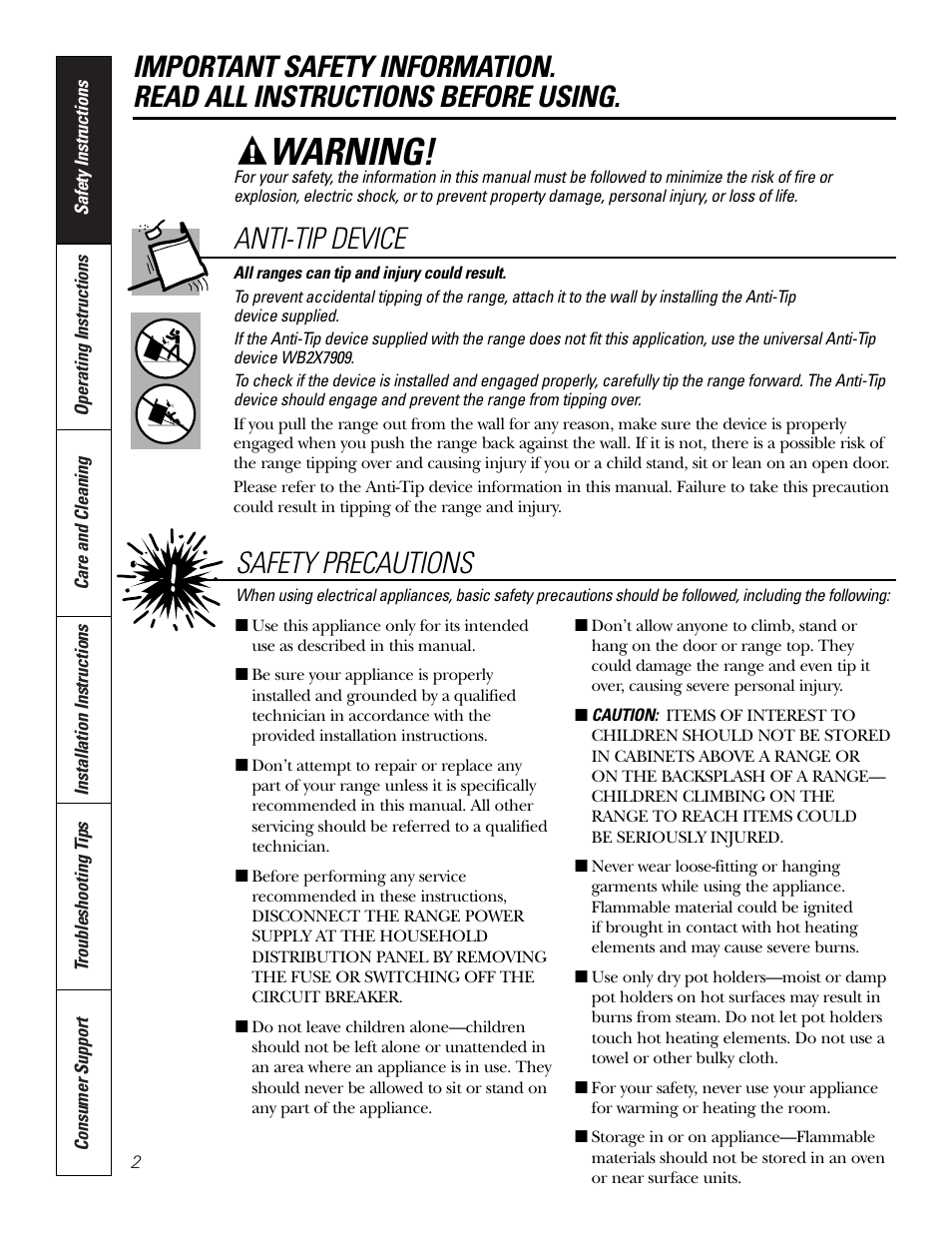 Safety instructions, Warning, Safety precautions | Anti-tip device | Hotpoint RA724 User Manual | Page 2 / 24