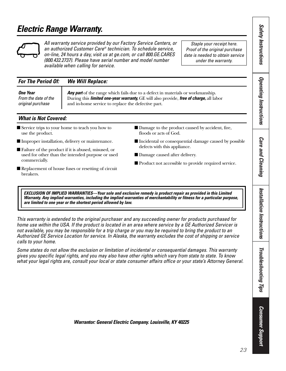 Warranty, Electric range warranty | Hotpoint RA724 User Manual | Page 23 / 24