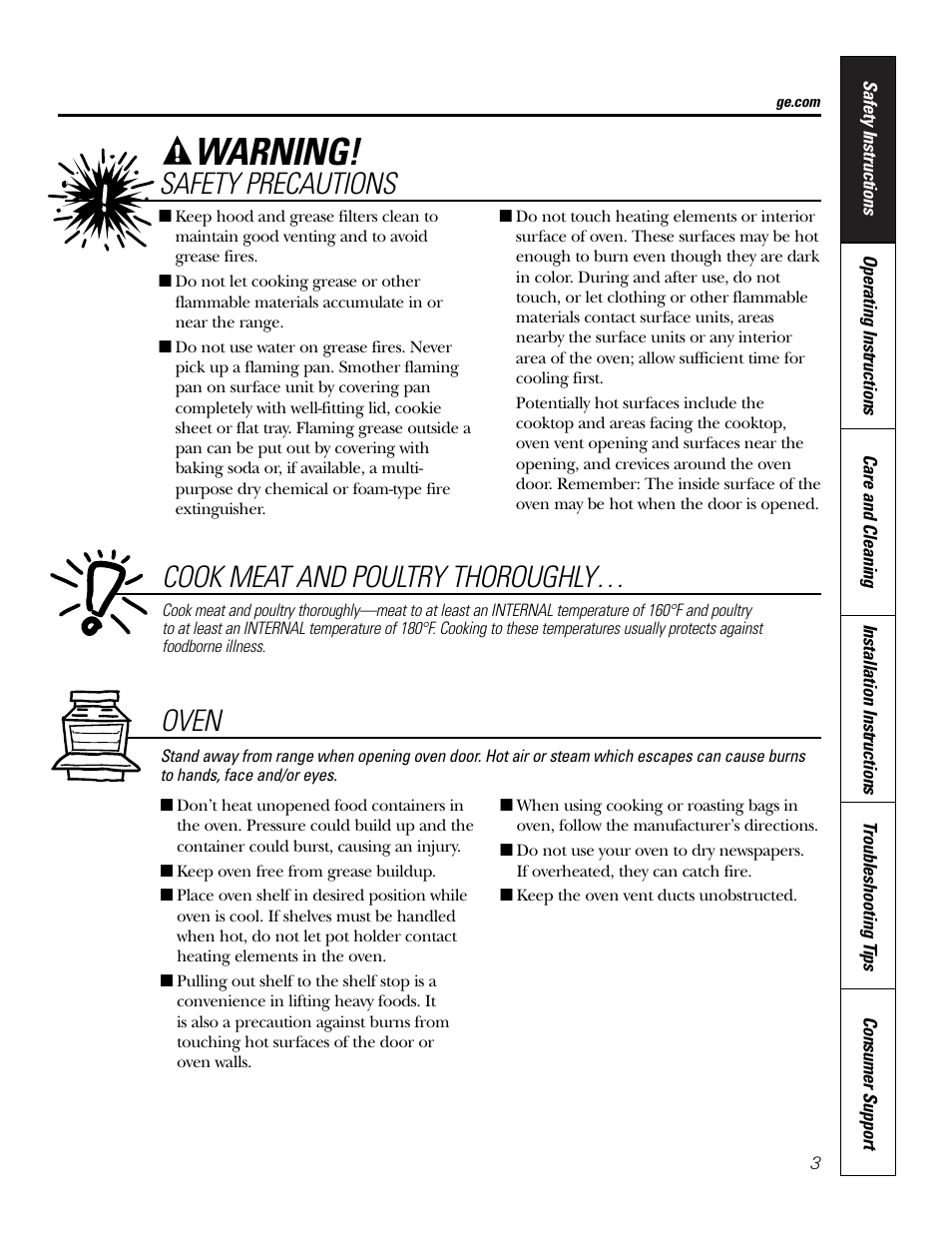 Warning, Safety precautions, Cook meat and poultry thoroughly | Oven | Hotpoint RA724 User Manual | Page 3 / 24