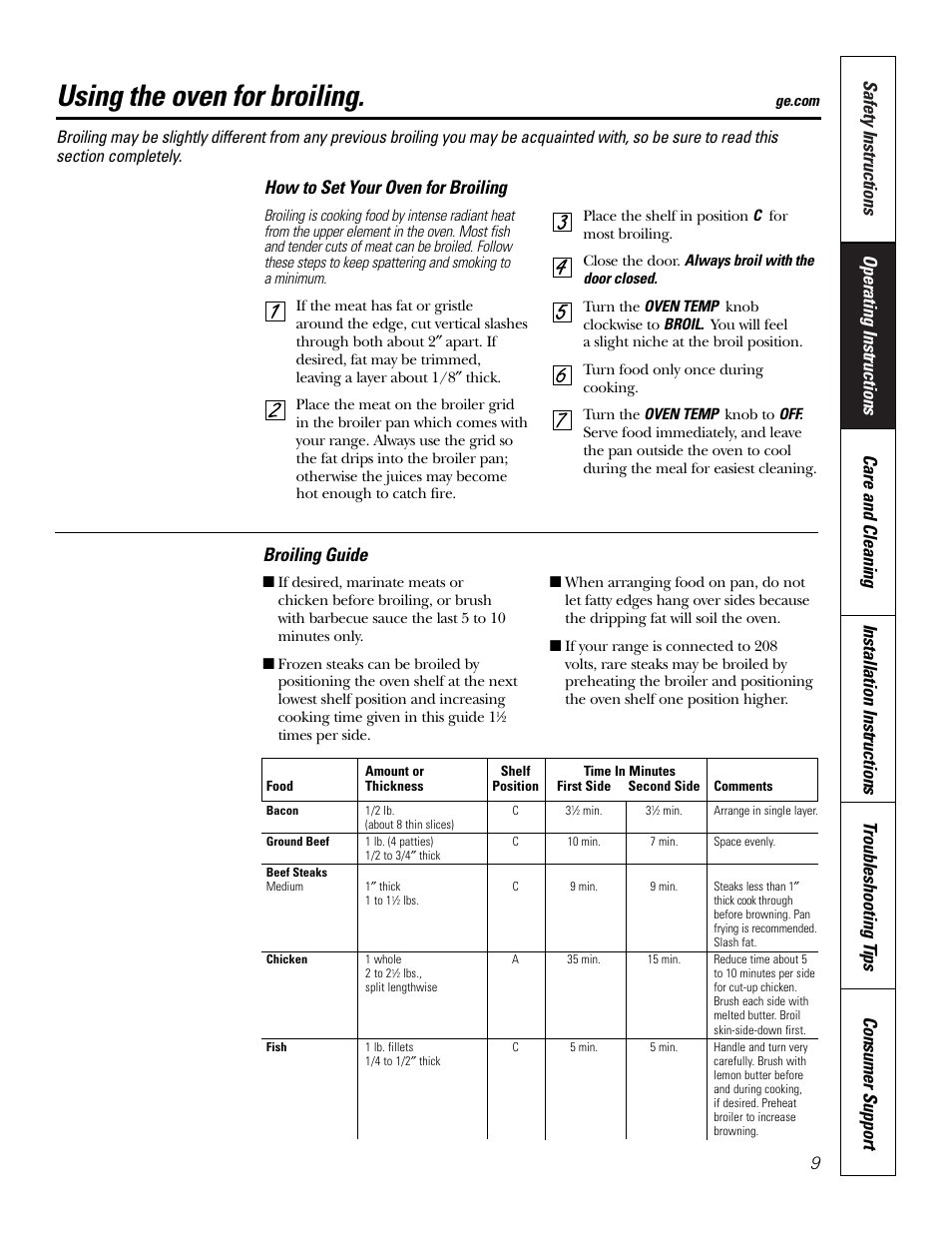 Using the oven for broiling, How to set your oven for broiling, Broiling guide | Hotpoint RA724 User Manual | Page 9 / 24