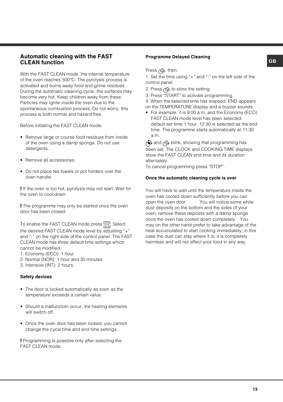 Automatic cleaning with the fast clean function | Hotpoint SE100PX User Manual | Page 13 / 16