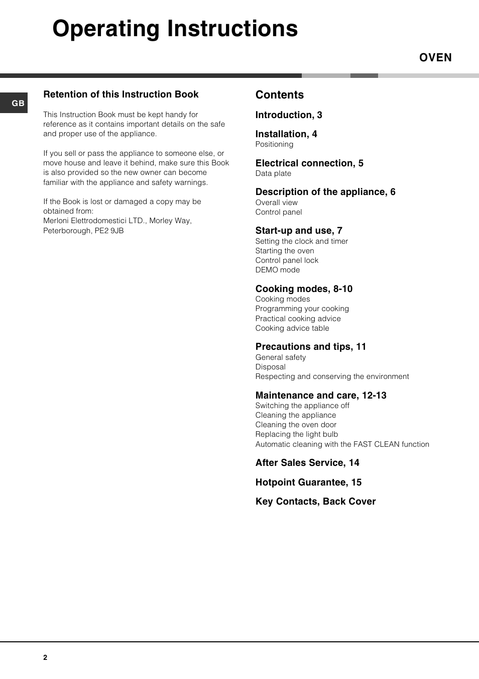Operating instructions, Oven contents | Hotpoint SE100PX User Manual | Page 2 / 16