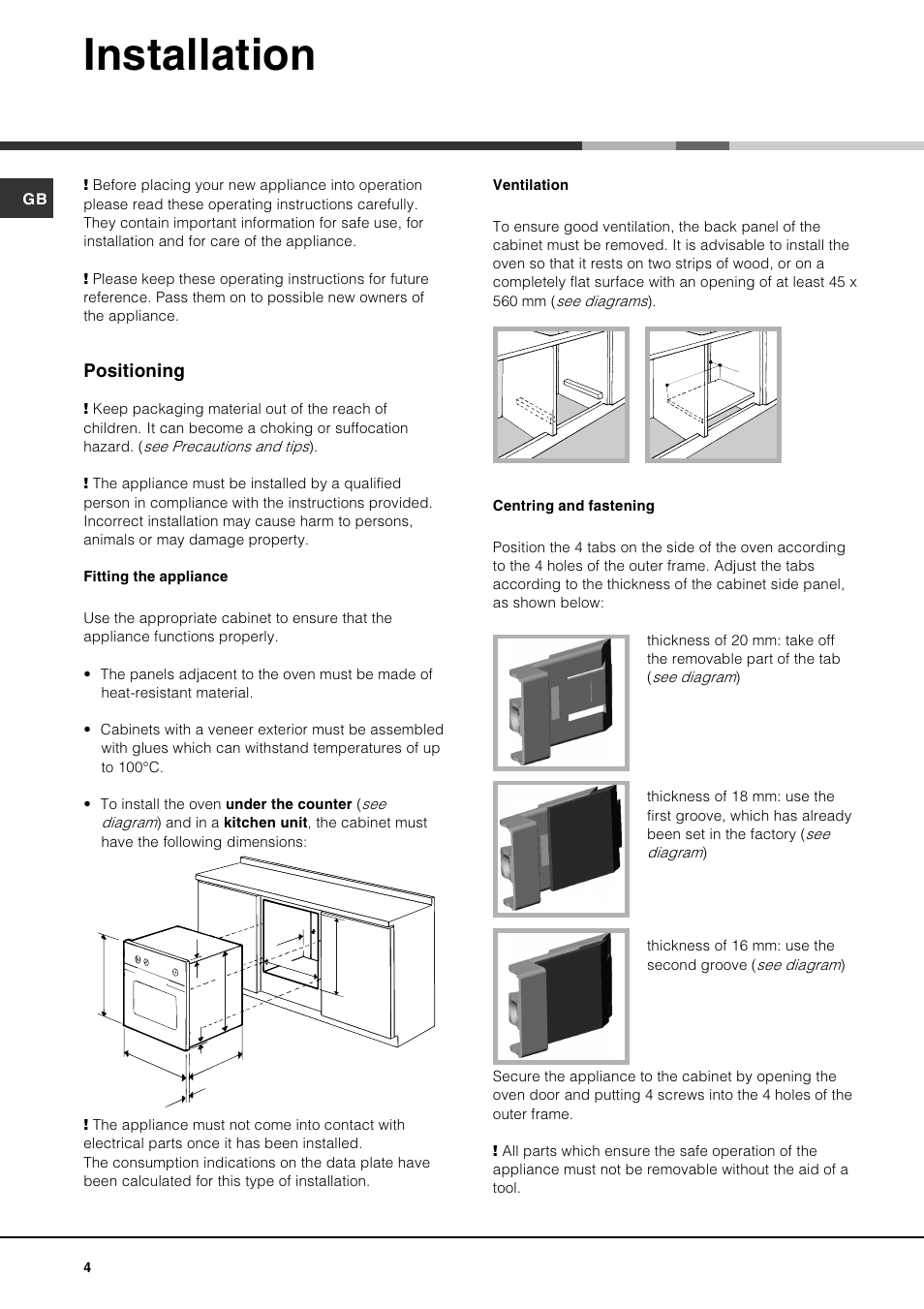 Installation, Positioning | Hotpoint SE100PX User Manual | Page 4 / 16