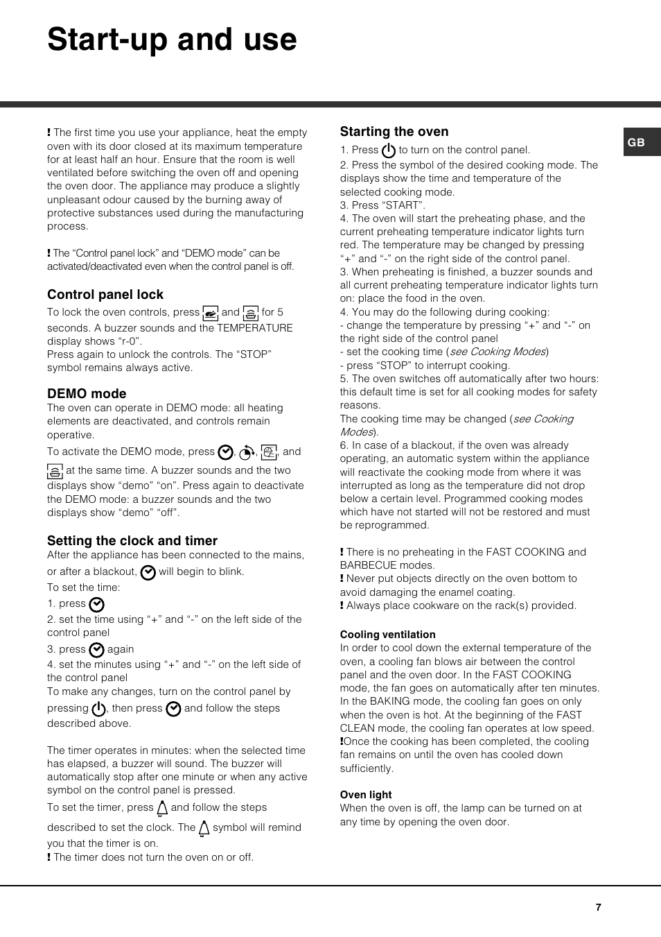 Start-up and use, Control panel lock, Demo mode | Setting the clock and timer, Starting the oven | Hotpoint SE100PX User Manual | Page 7 / 16
