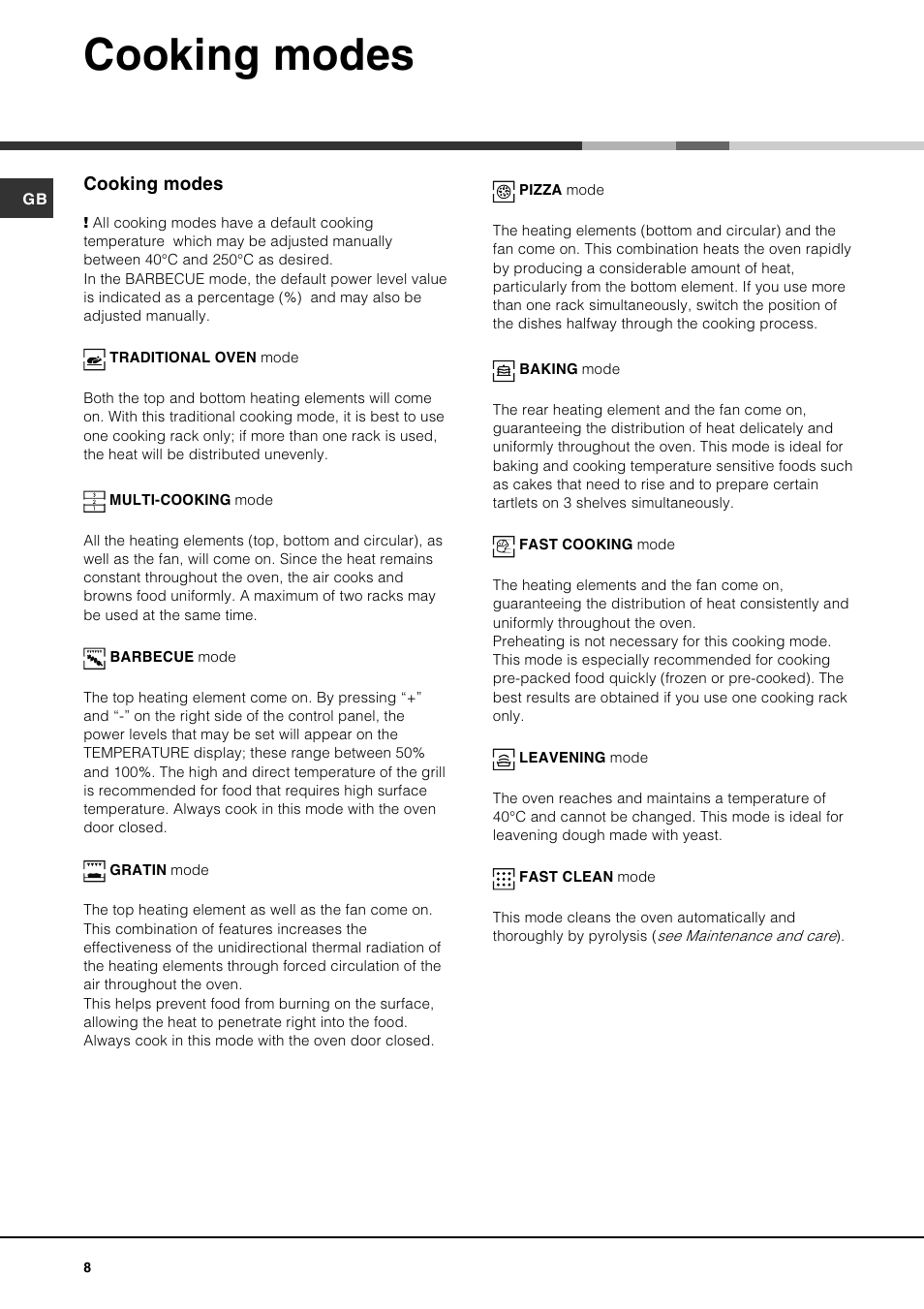 Cooking modes | Hotpoint SE100PX User Manual | Page 8 / 16