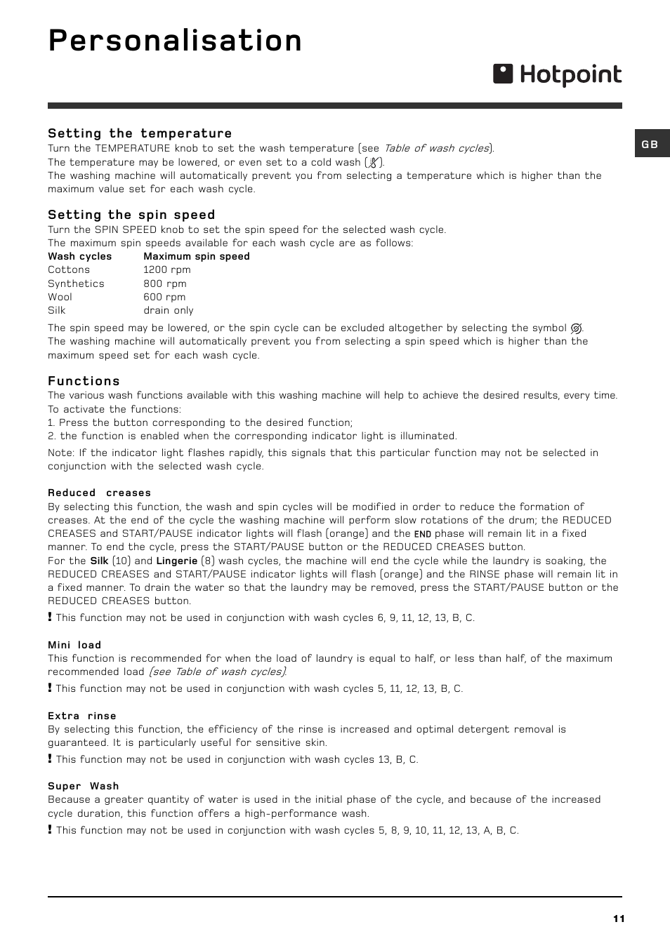 Personalisation | Hotpoint BHWM129 User Manual | Page 11 / 20