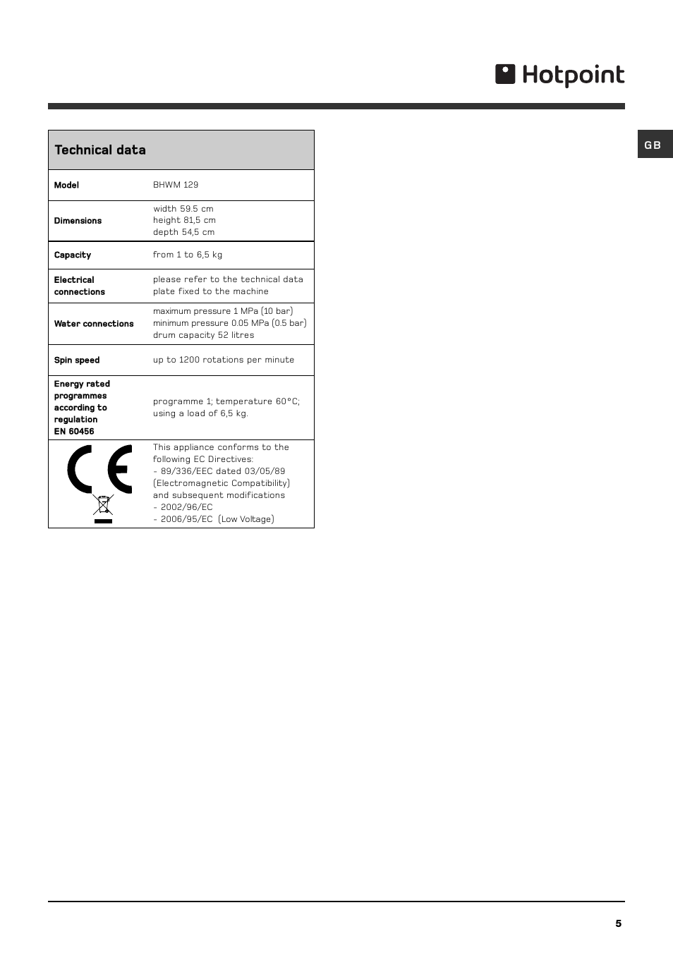 Technical data | Hotpoint BHWM129 User Manual | Page 5 / 20